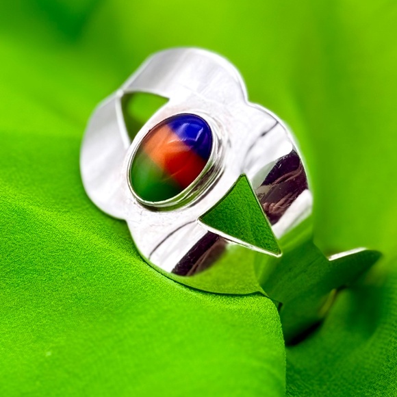 Vintage Mexican Sterling Silver Cuff 70s Bracelet, Rainbow Cabochon Unisex - Picture 1 of 16